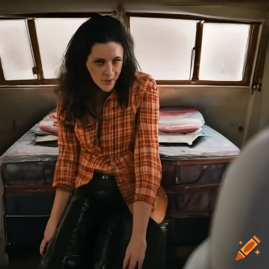 Isabelle Fuhrman sitting in a caravan trailer and looking out of the window