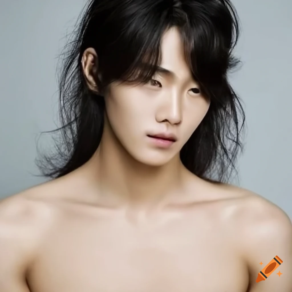 Attractive 25yearold korean man with long hair, gray eyes, and two