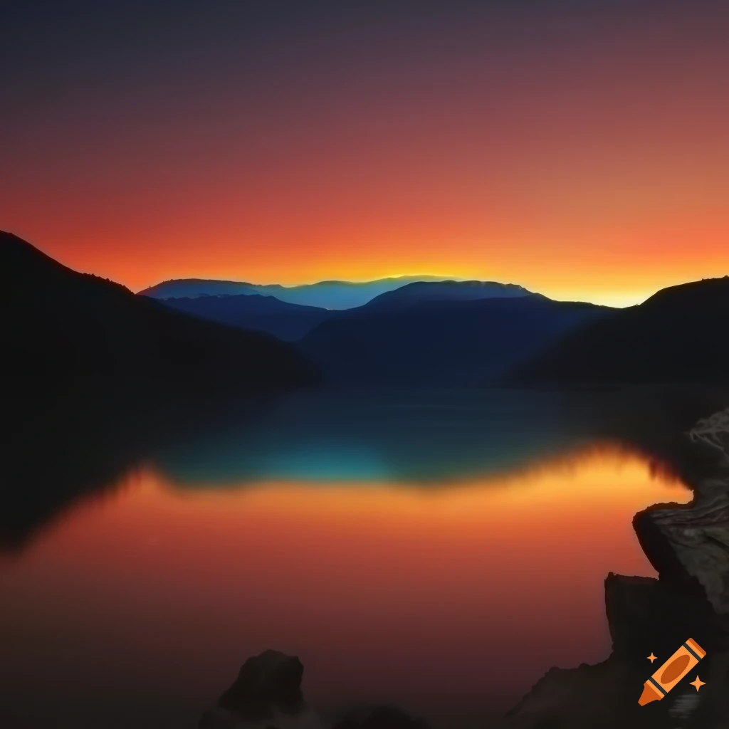 Haunting sunset over a mountain lake on Craiyon