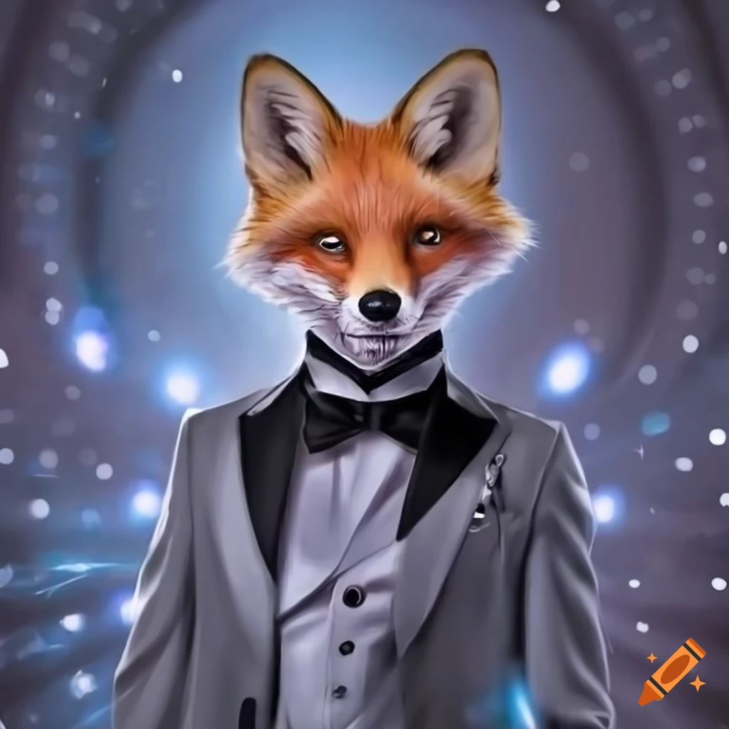 Dapper fox man in a white tuxedo against a dazzling background