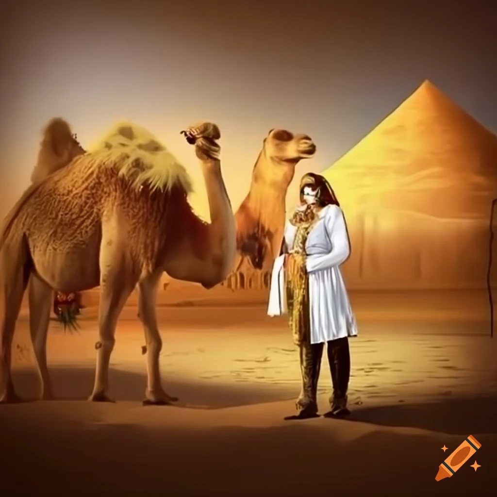 Modern doctoress caring for patients in an oasis with ancient king and camels in background