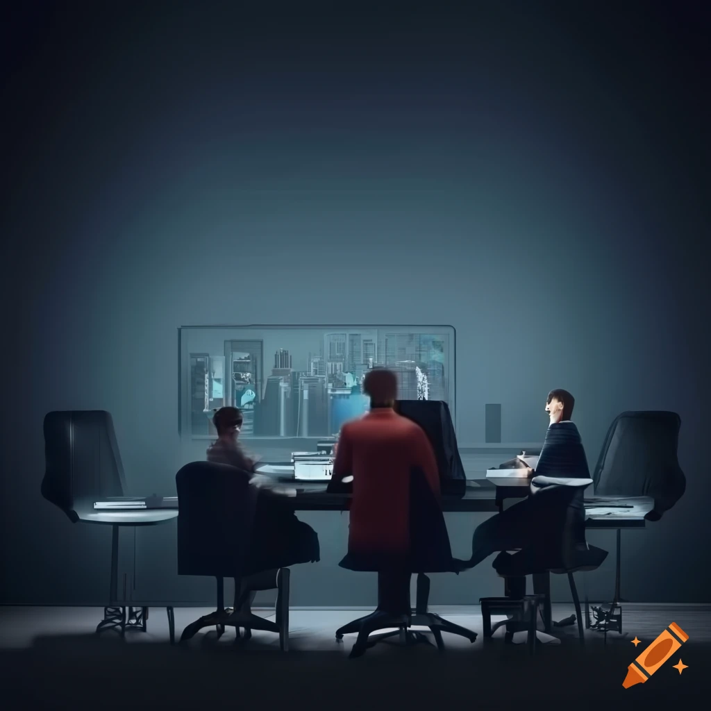 Software house office with employees discussing ideas around a table