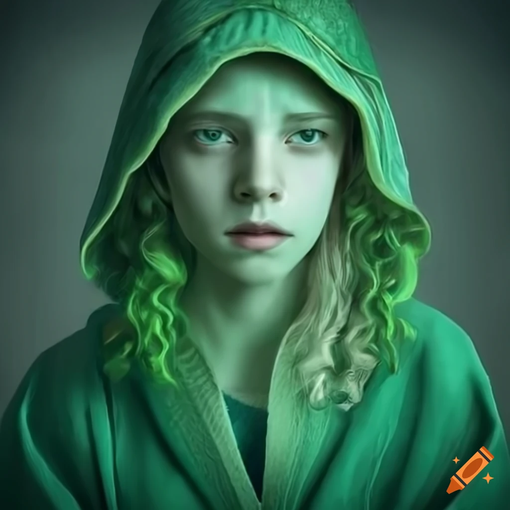 Photo of a 15-years-old green male forest spirit with green curls and green eyes in a green robe