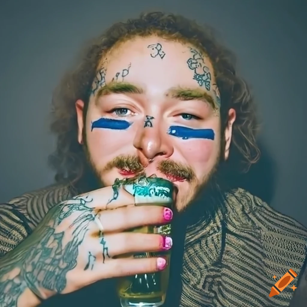 Post malone enjoying a beer on a black background on Craiyon