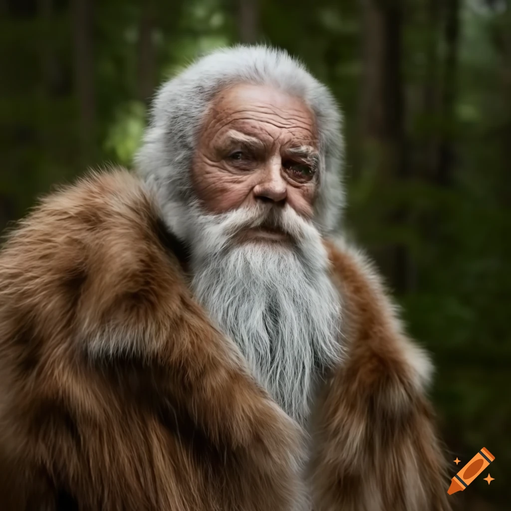 Bearded man wearing furs in a forest setting on Craiyon