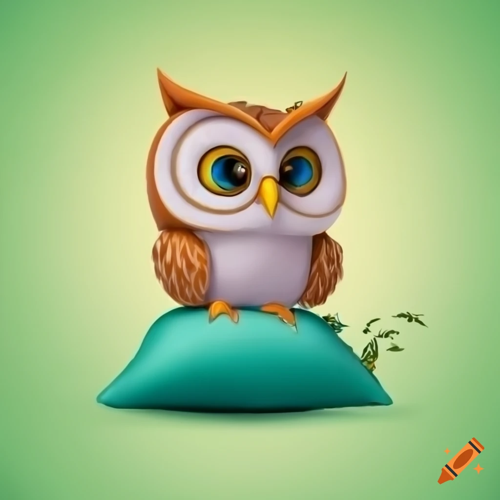 Cartoonish cute owl character sitting on a pillow in a meadow