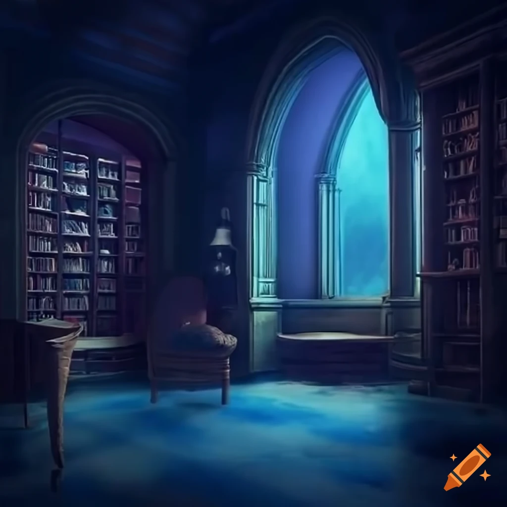 Cozy castle library at night with soft lighting on Craiyon