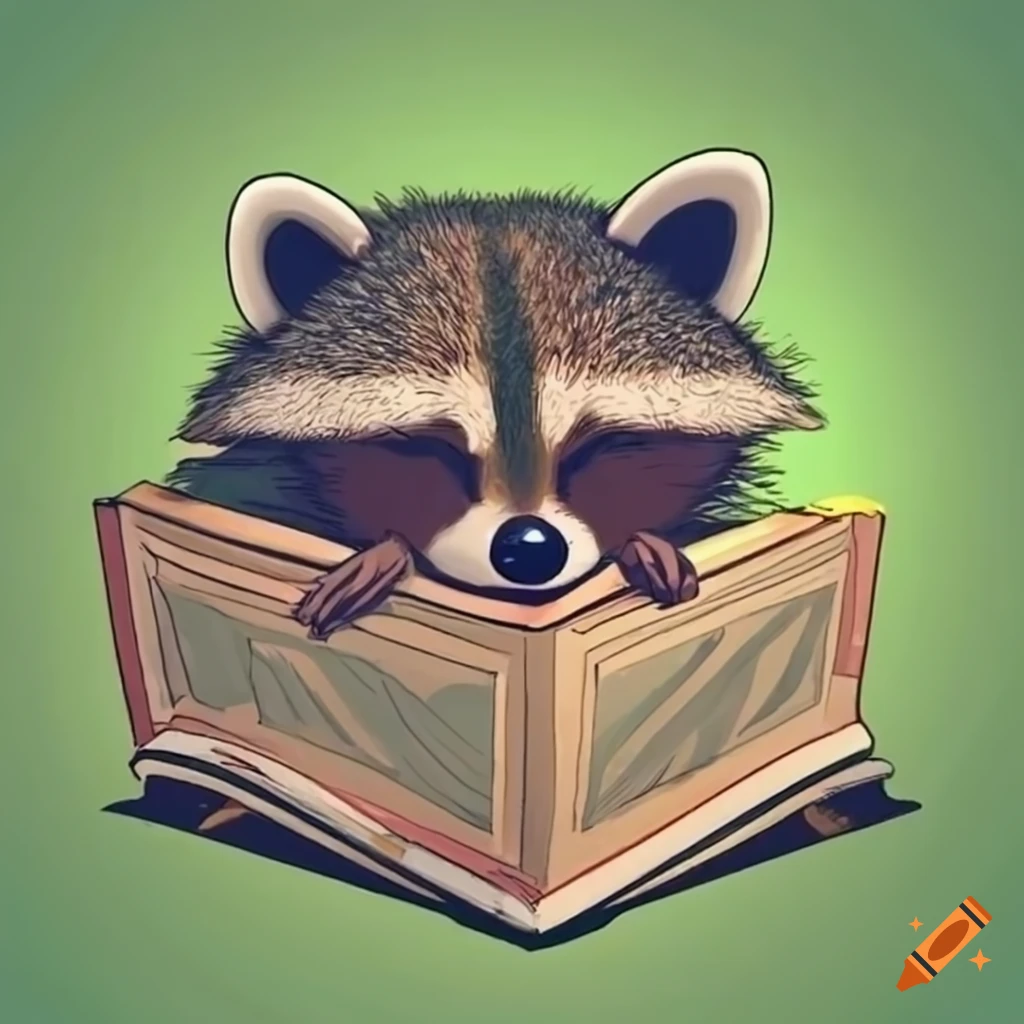 Sleeping raccoon on a big book