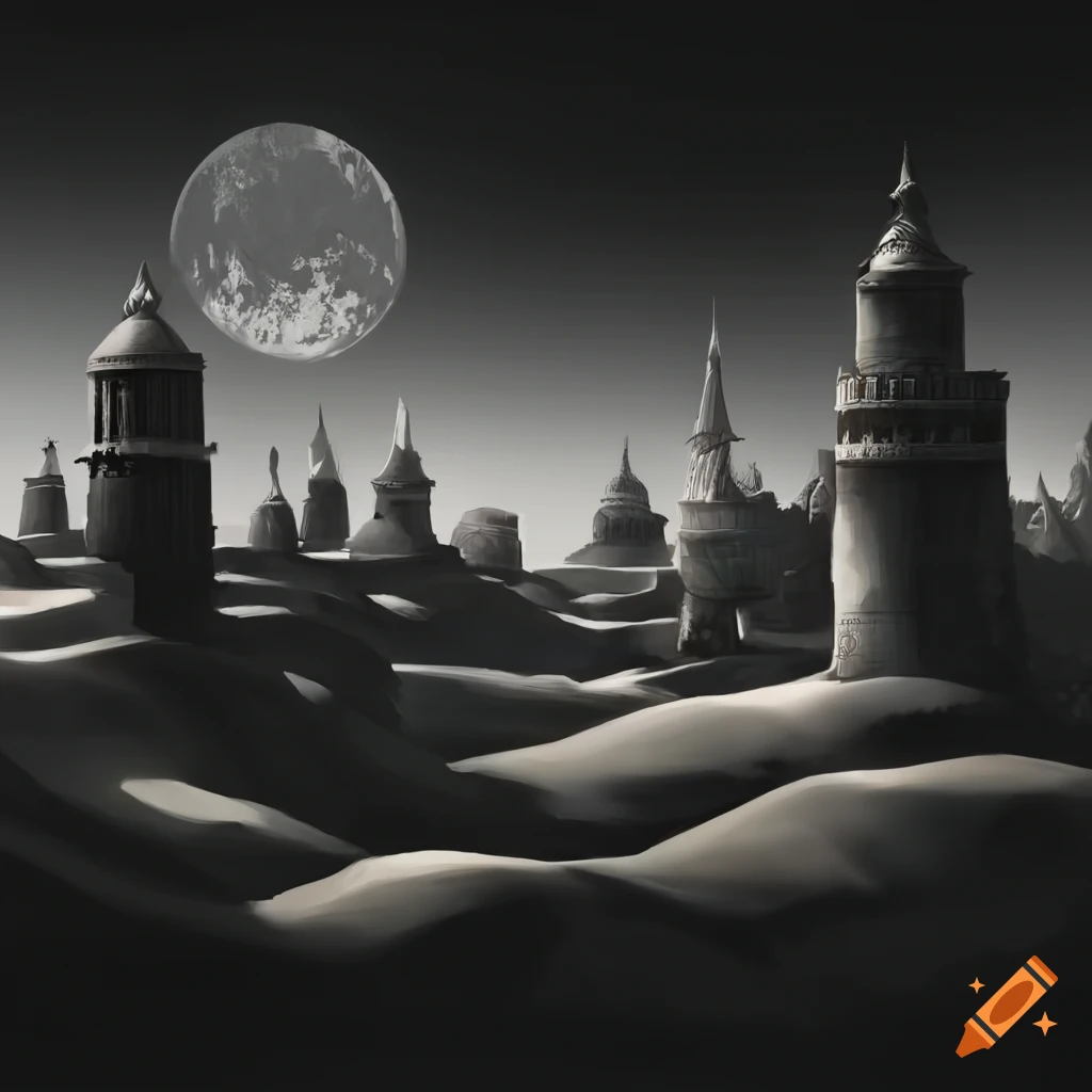 Black and white ancient oasis town nestled in desert dunes