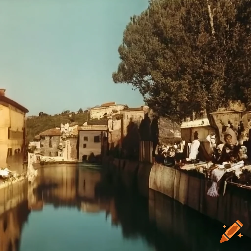 Effervescence of the Provençal market at sunrise in Isle-sur-la-Sorgue, 1950s