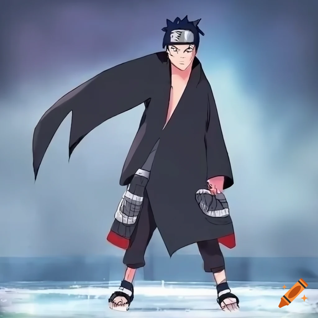 Anime-style 15 year old male Ninja standing on ice with black cape and headband