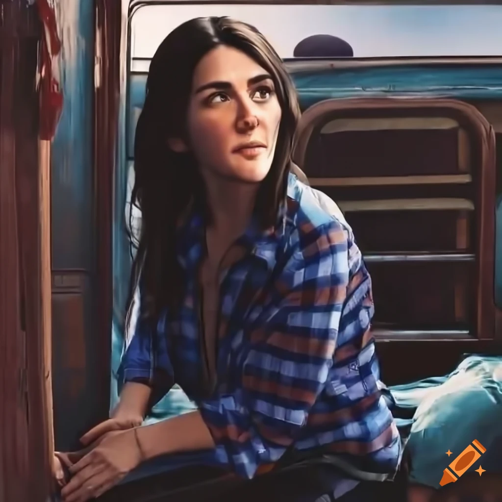 Isabelle Fuhrman in blue plaid shirt and black leather trousers sitting in a caravan trailer