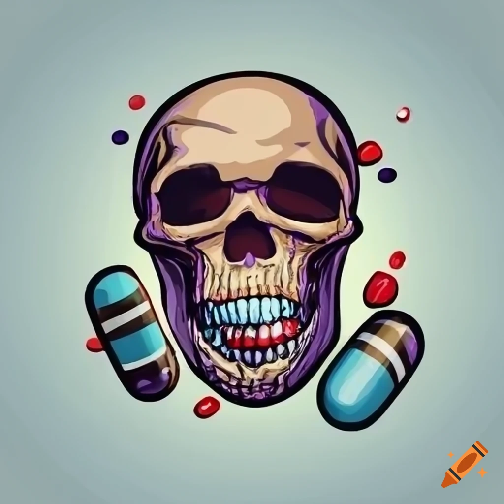 Rock logo with a skull consuming pills