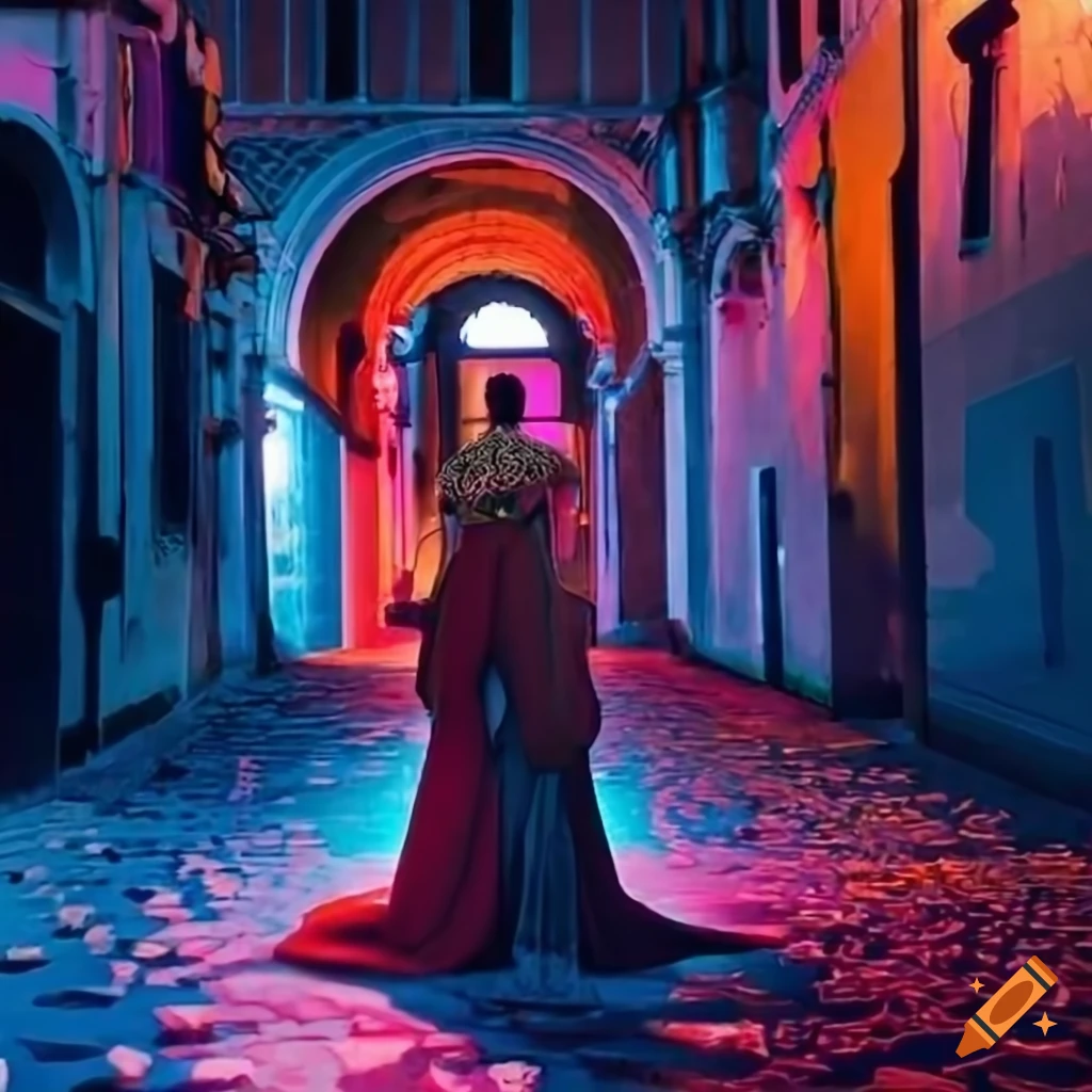 Costumed individuals roaming the narrow streets of Venice near the lagoon