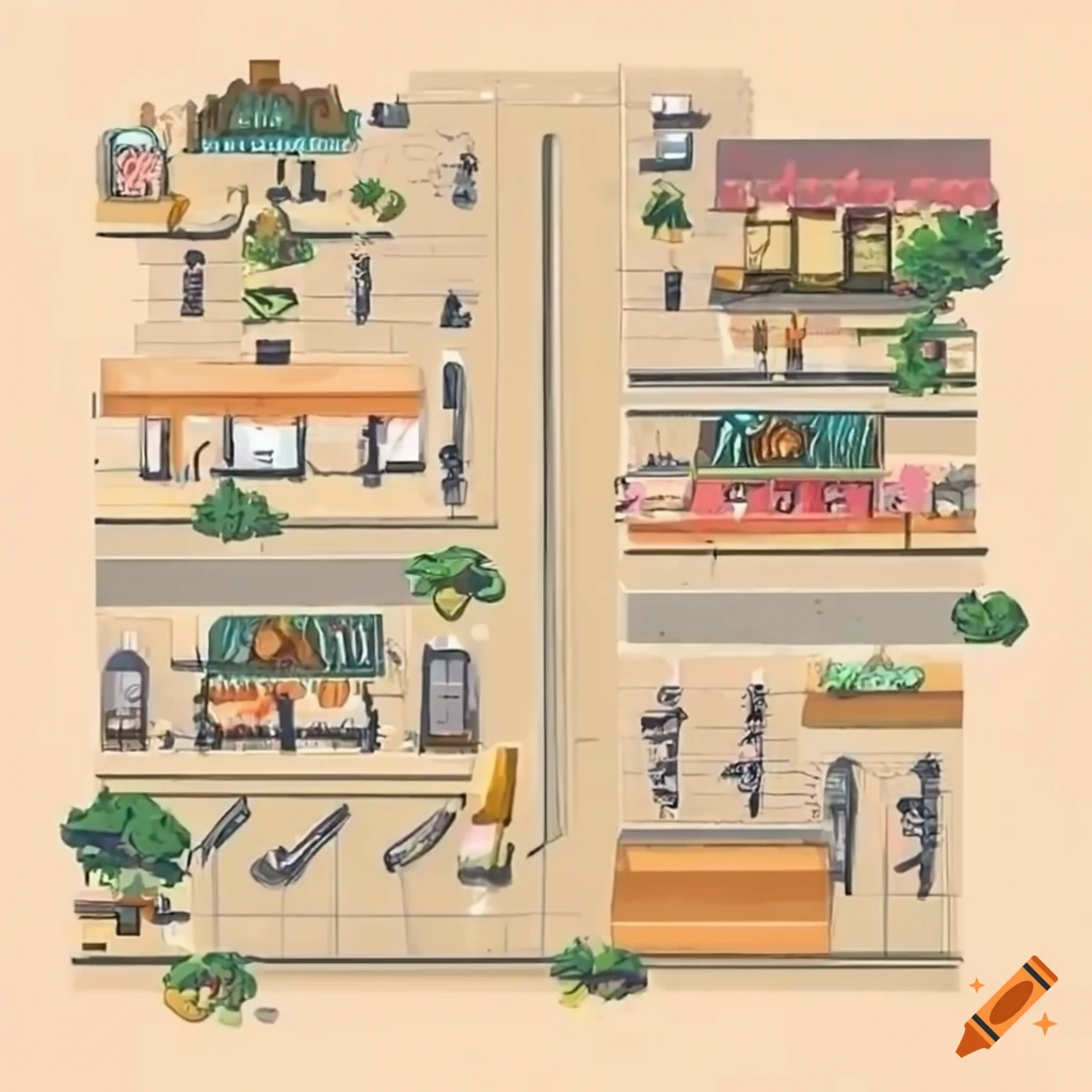 City road map showing various locations like florist, bakery, pharmacy, hospital, supermarket, library, coffee shop
