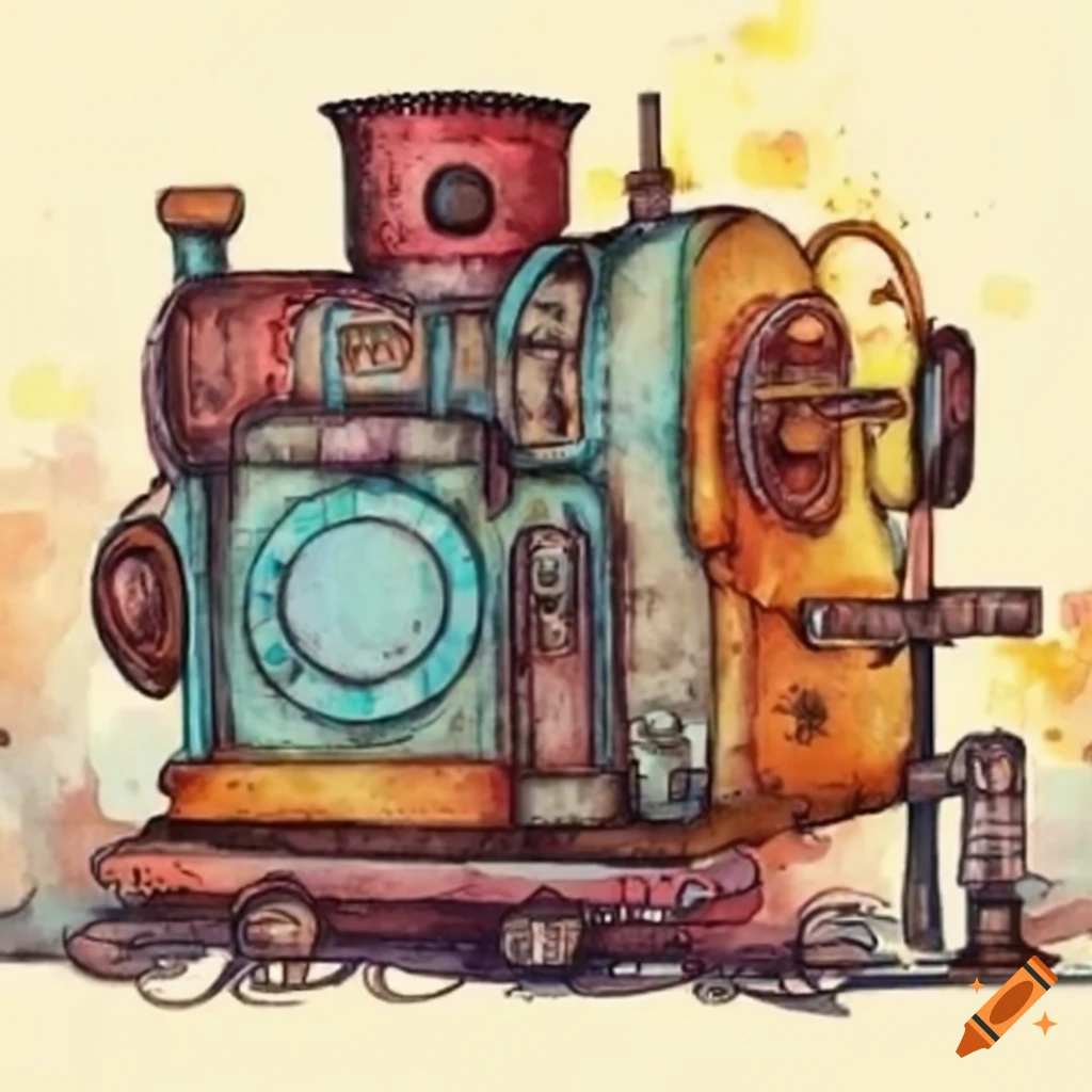 Steampunk machine producing illustrations on Craiyon