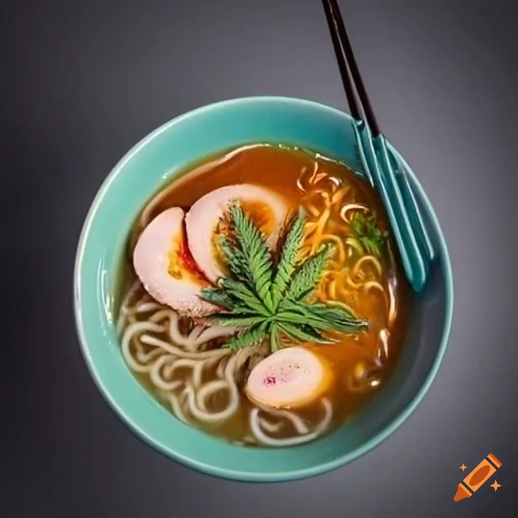 Bowl of spicy ramen with cannabis leaves on Craiyon