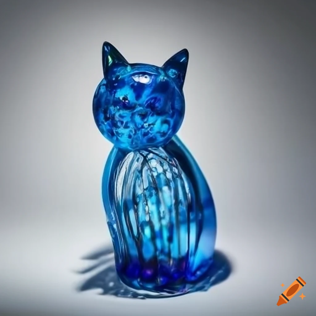Hollow glass cat sculpture filled with blue jewels on Craiyon