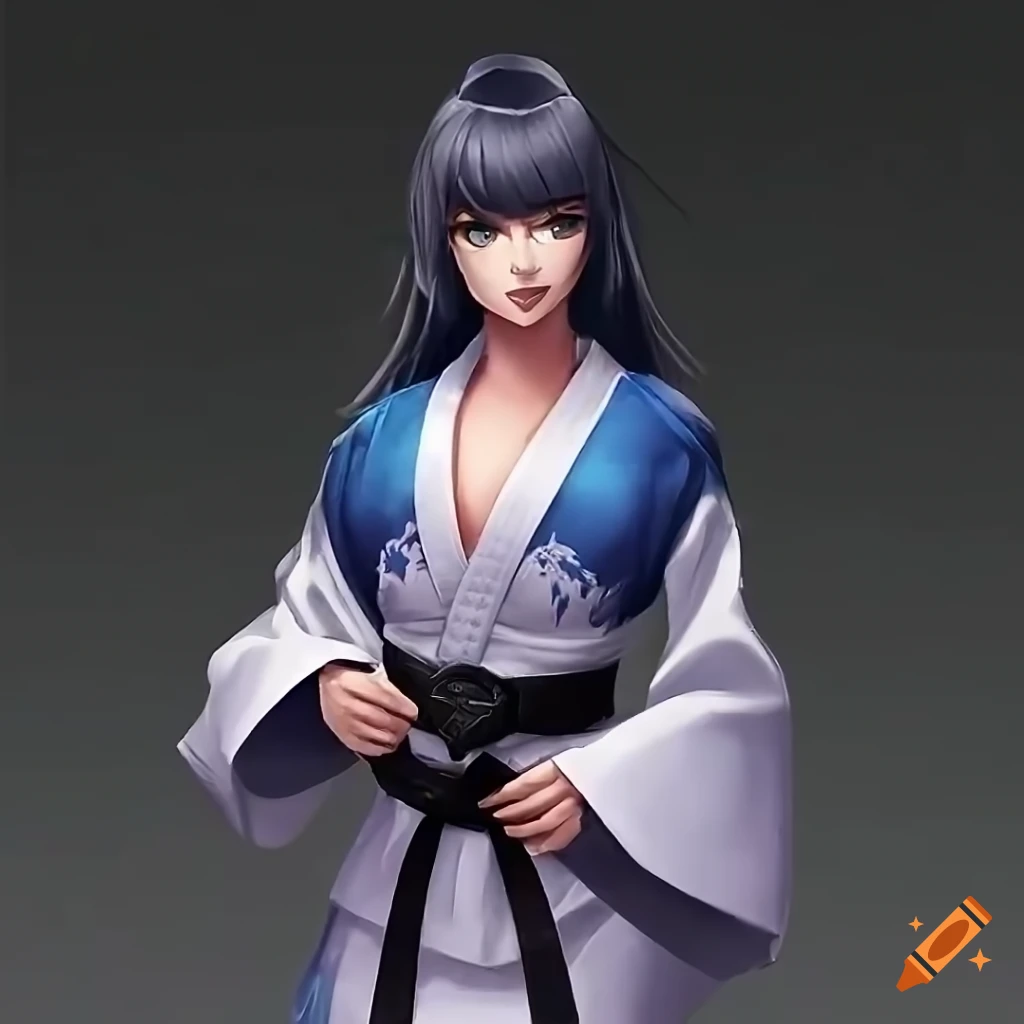 Beautiful young woman with long dark hair in karate kimono