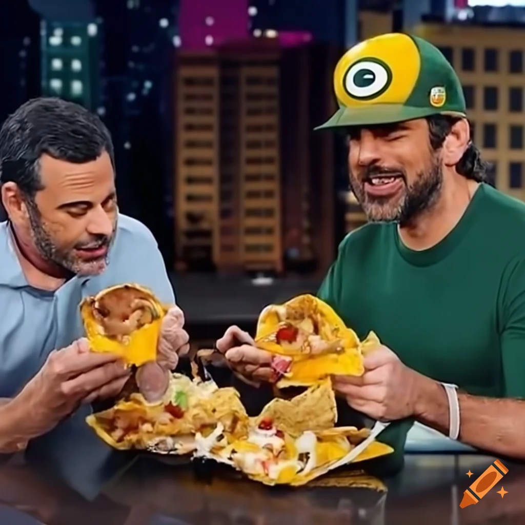 Aaron Rodgers And Jimmy Kimmel Enjoying Nachos At A Taco Bell On Craiyon