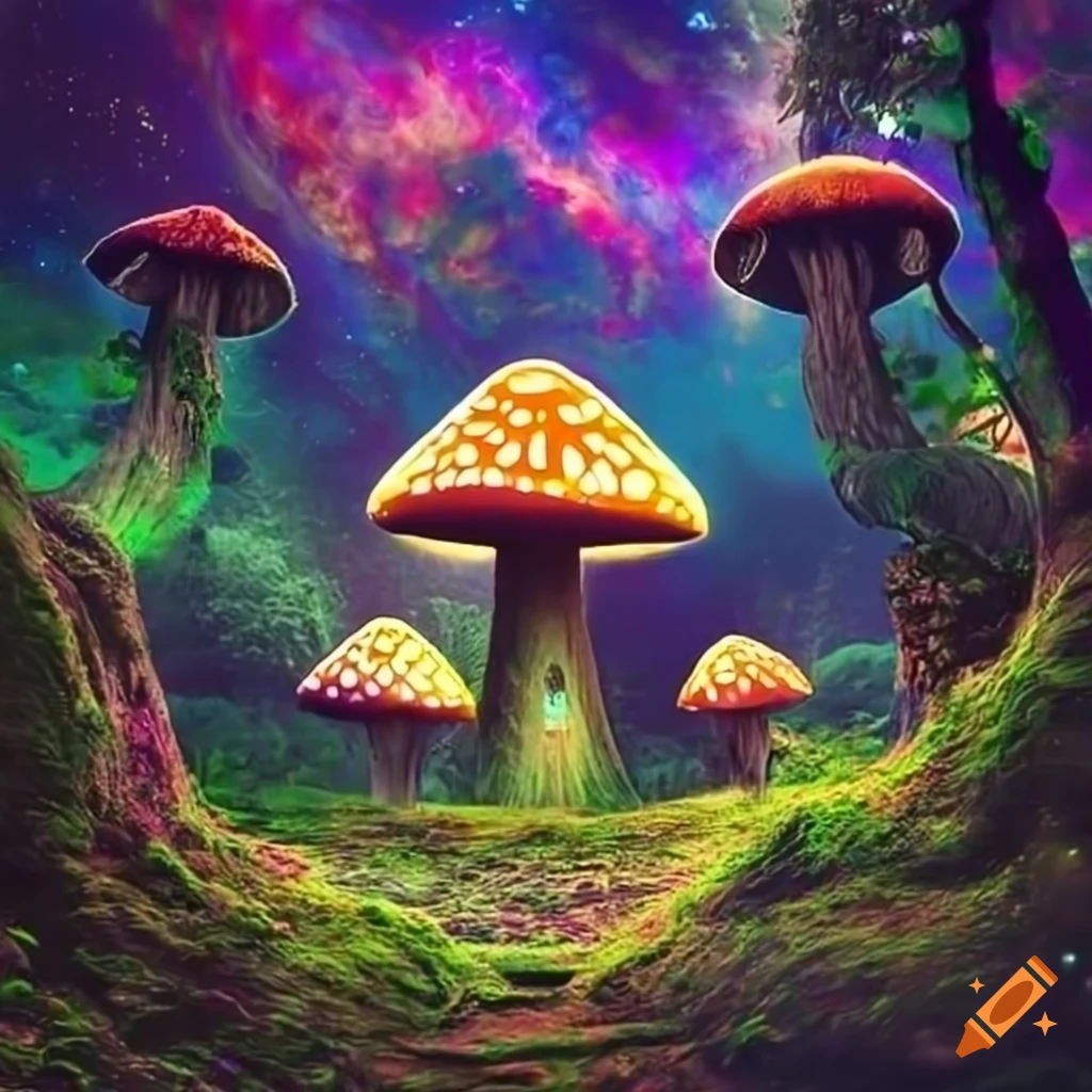Mushroom forest with psychedelic galaxy and planet vibes on Craiyon
