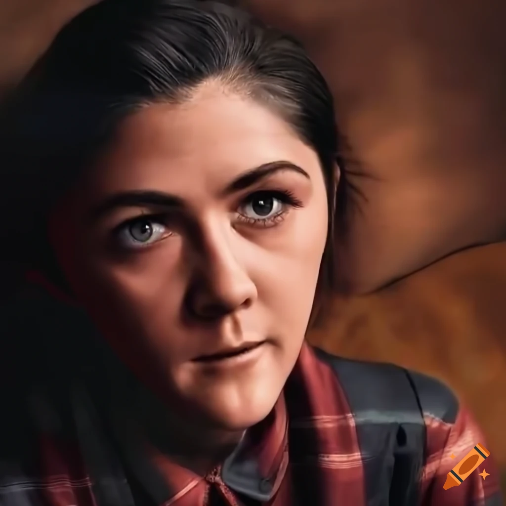 Isabelle Fuhrman in country plaid shirt and high waist black leather trousers sitting in a caravan trailer
