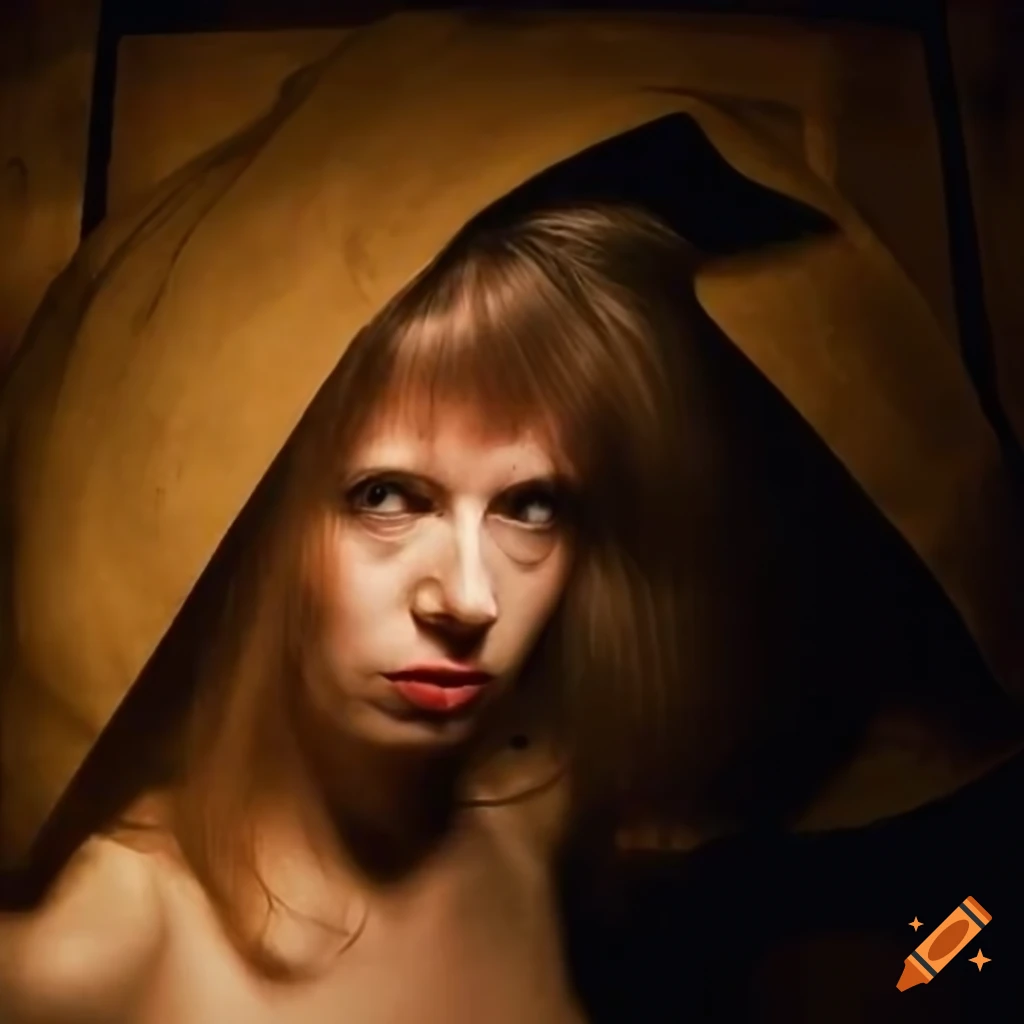 Woman with hair hat and emotional man against industrial interior in a cubism art style