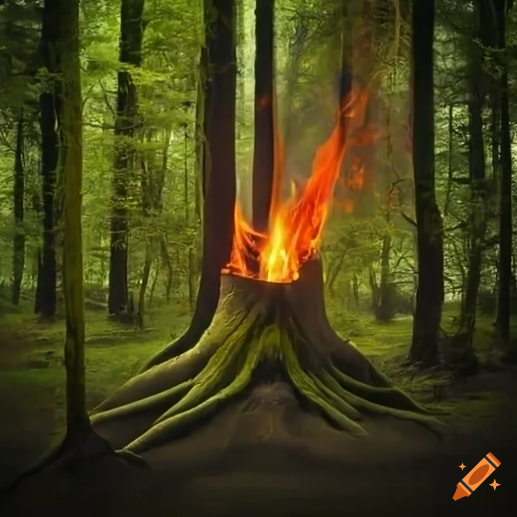 Tree ablaze with flames in a green forest on Craiyon