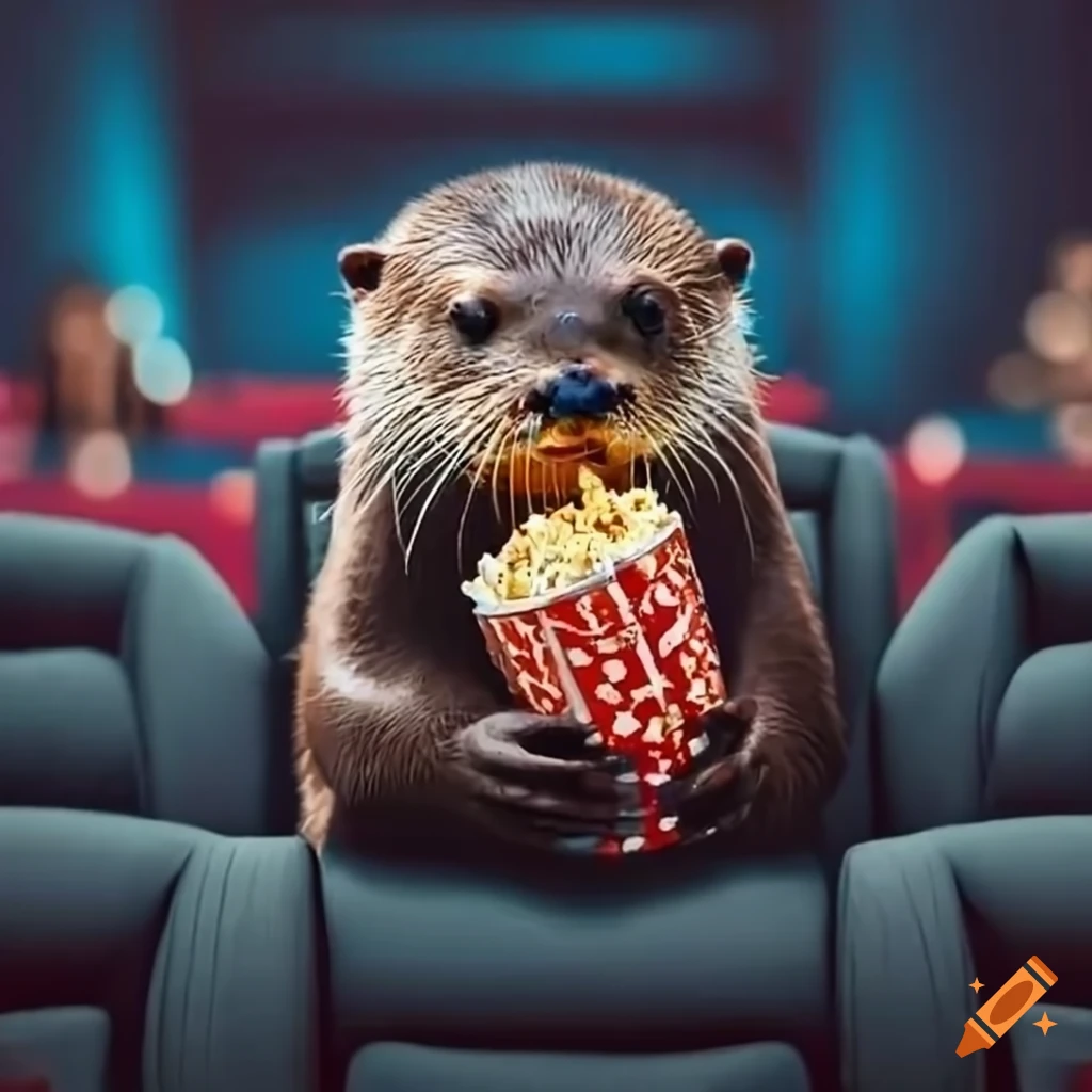 Otter enjoying popcorn and soda in a movie theatre