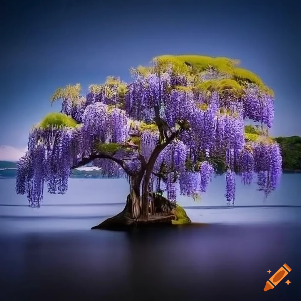 Wisteria Bonsai tree on island in smooth cavern lake