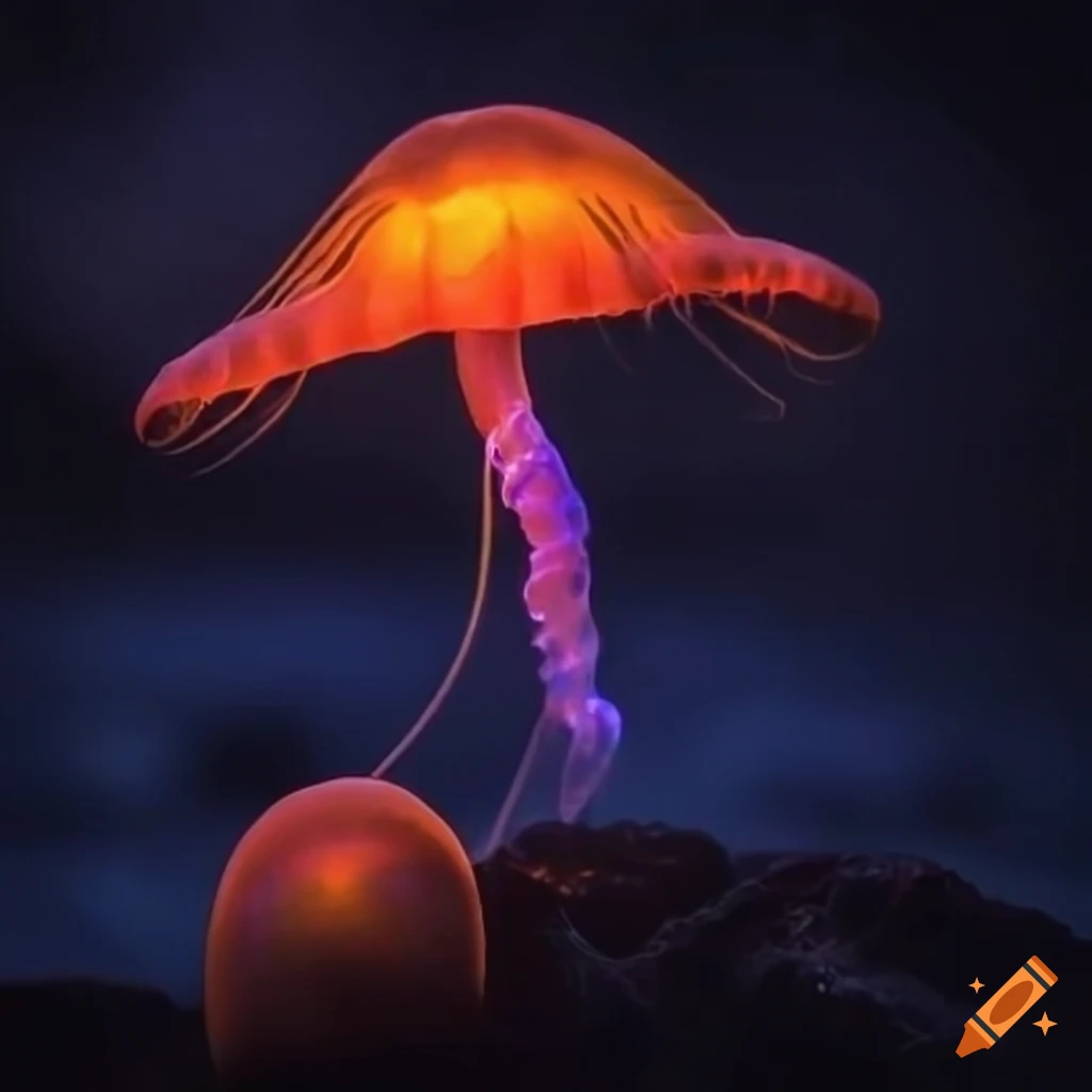 Glowing fungus and swirling jellyfish creating an otherworldly allure