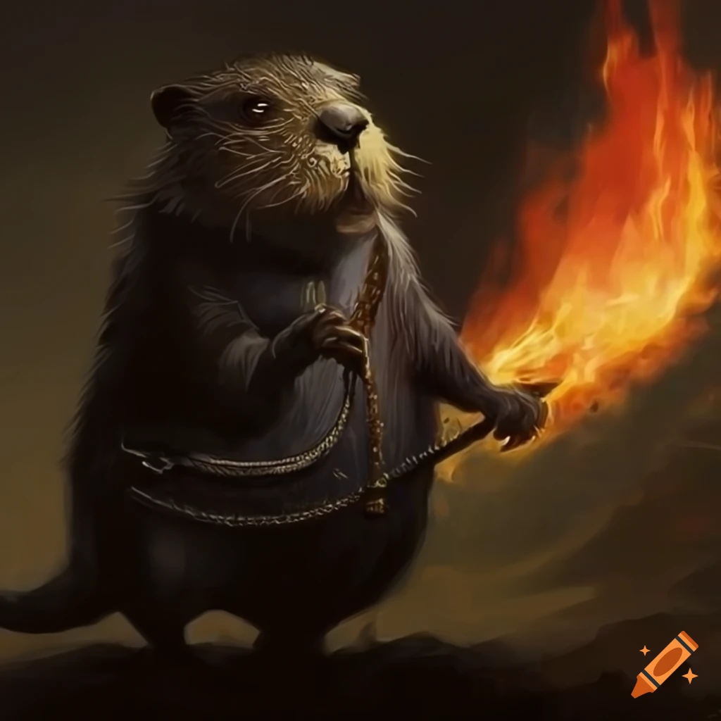 Anthropomorphic beaver in western outfit holding torch with burning town in background