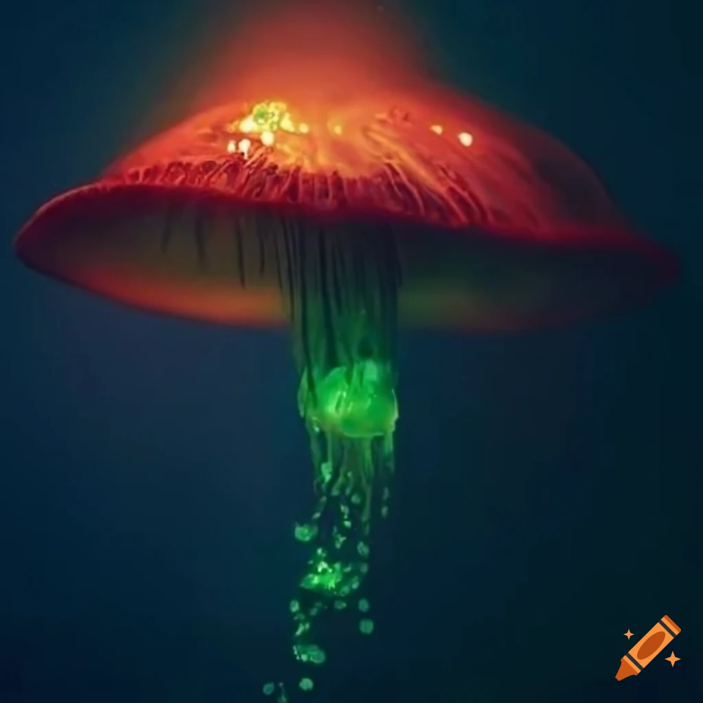 Glowing fungus and swirling jellyfish creating an otherworldly allure