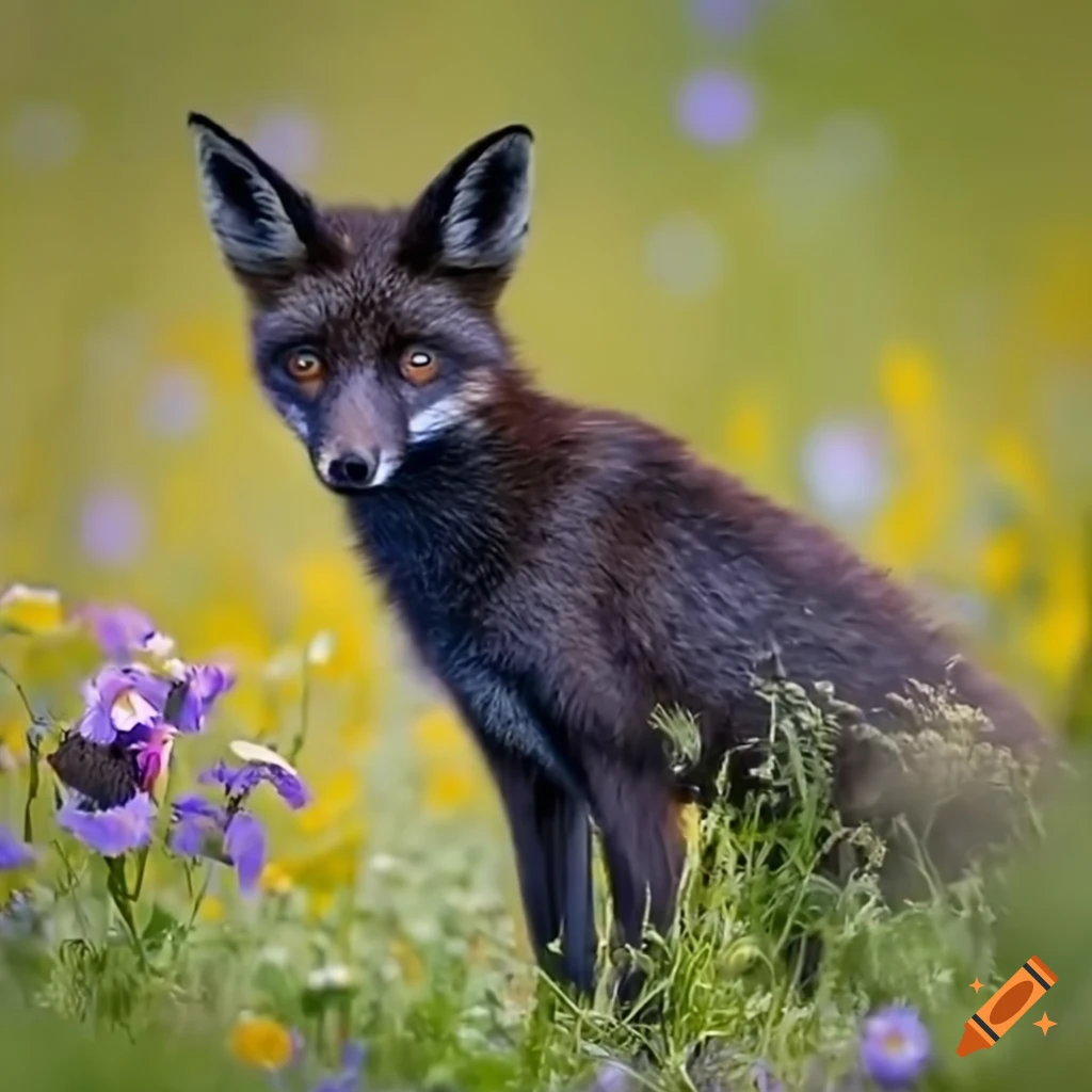 Black fox in a sunny flower field landscape on Craiyon
