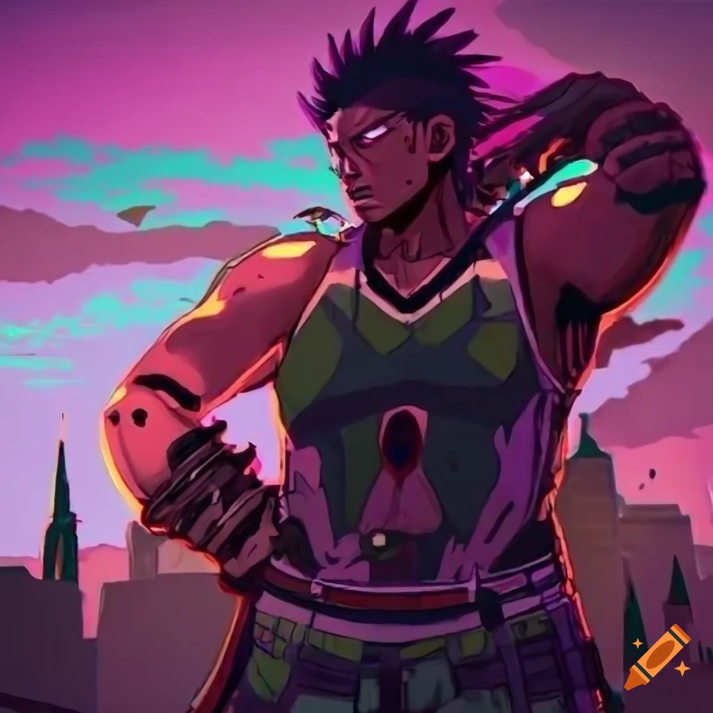 Warrior in a fantasy retrowave setting with Amazon forest background