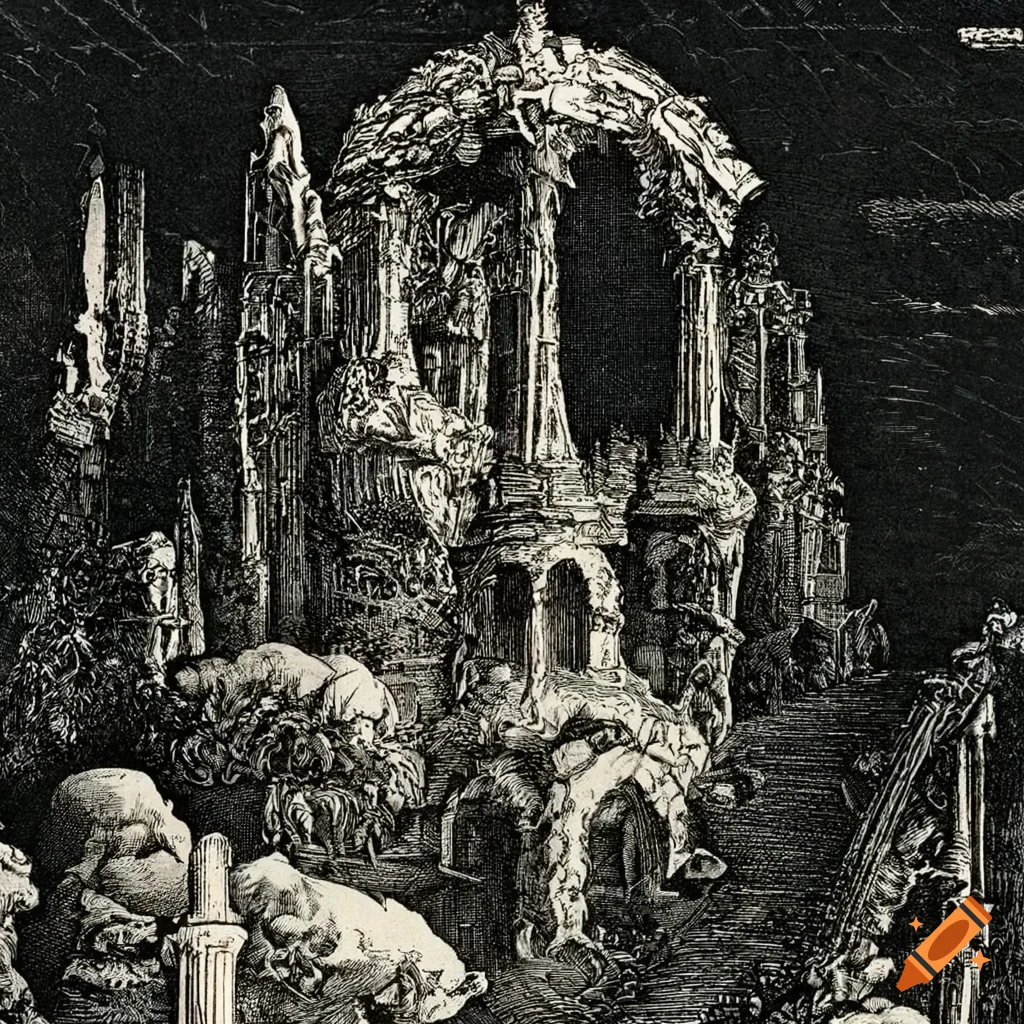 Highly detailed close-up of a landscape with ancient temples, drapery, clouds, bones, crystal jewels, archways, and blossoms