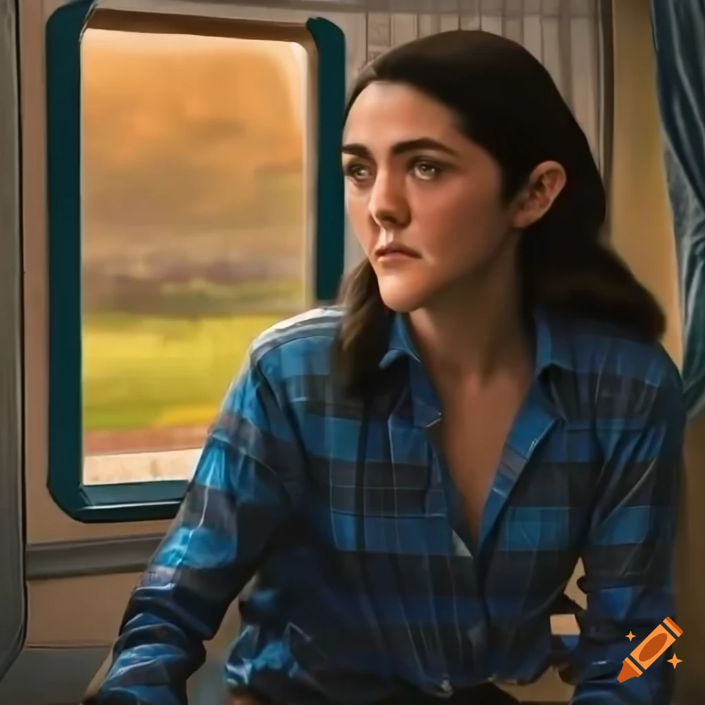 Isabelle Fuhrman in blue plaid shirt and black leather trousers sitting in a caravan trailer