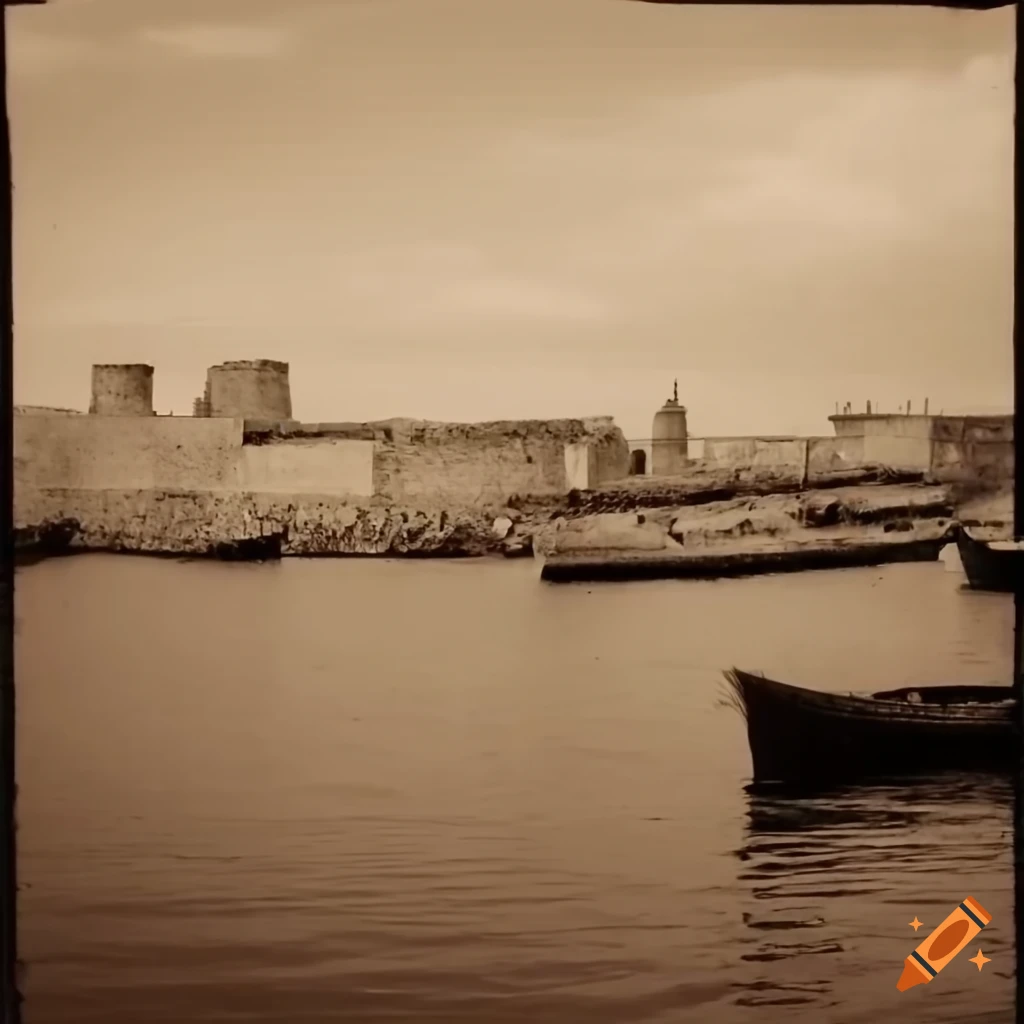 Sepia 35mm film photograph of a chance encounter in the Rabat harbor, where two people share a knowing smile amidst a lively square, capturing the fleeting connection