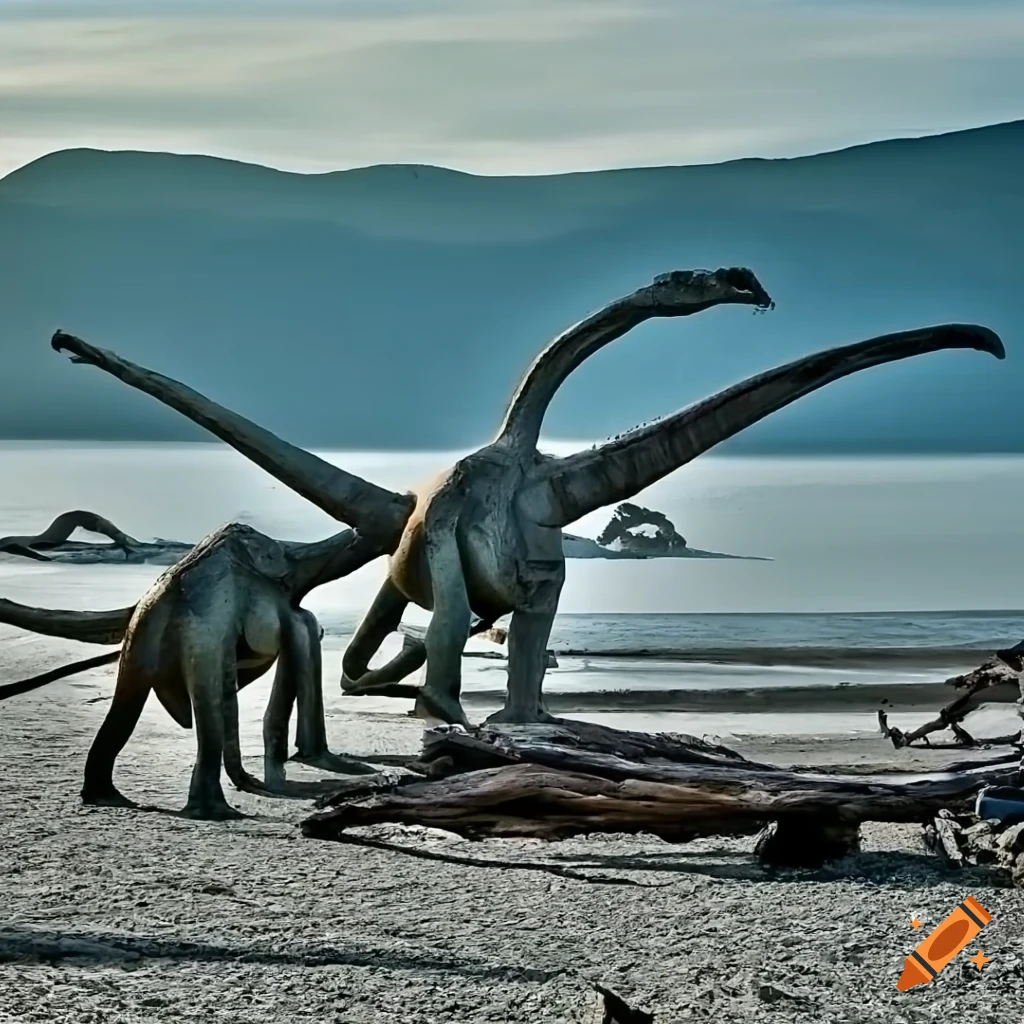 Group of Diplodocus walking along the coast in British Columbia