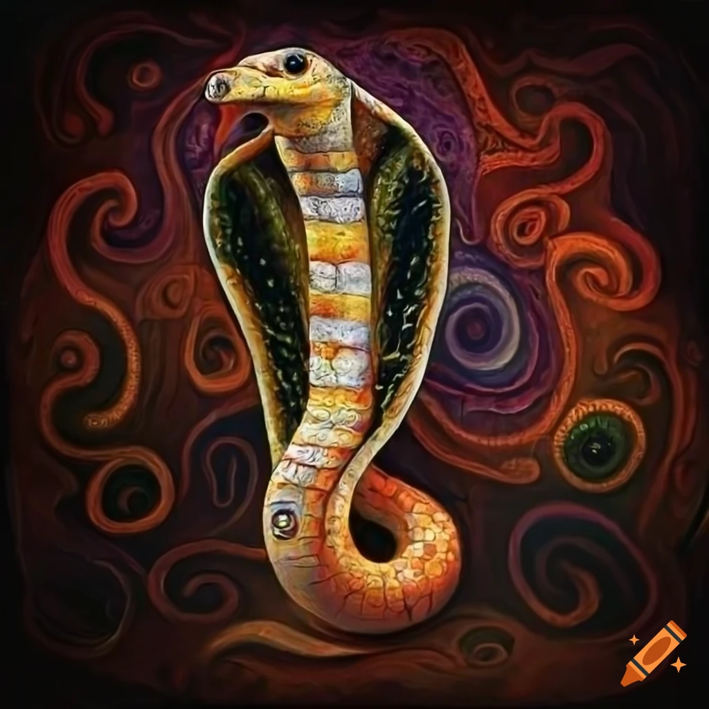 Colorful klimt-style python cobra in a surrealistic cavern on Craiyon