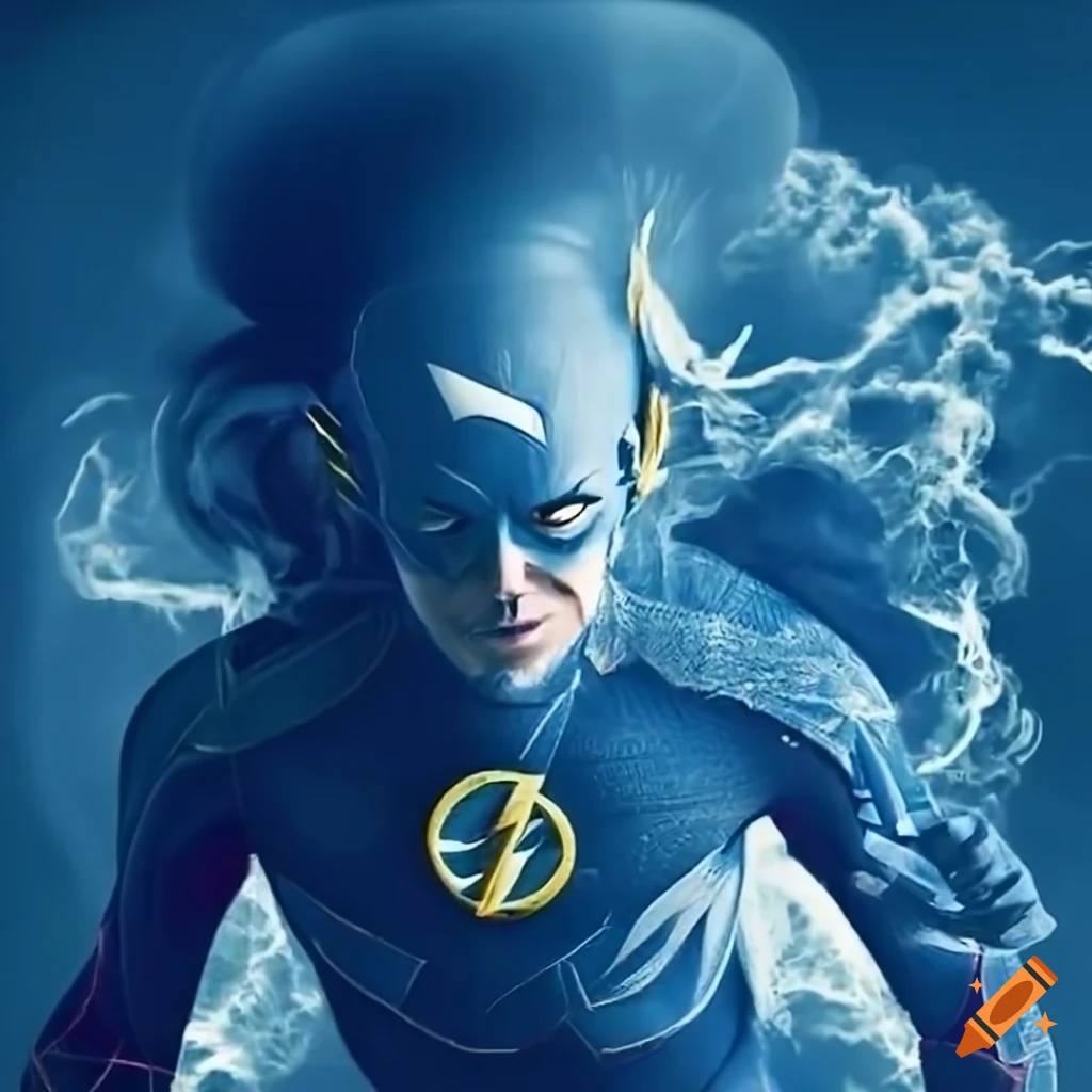 Flash superhero creating a tornado in cyanotype