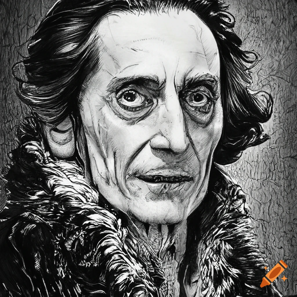 Pen and ink drawing of basil rathbone in profile view, black and white