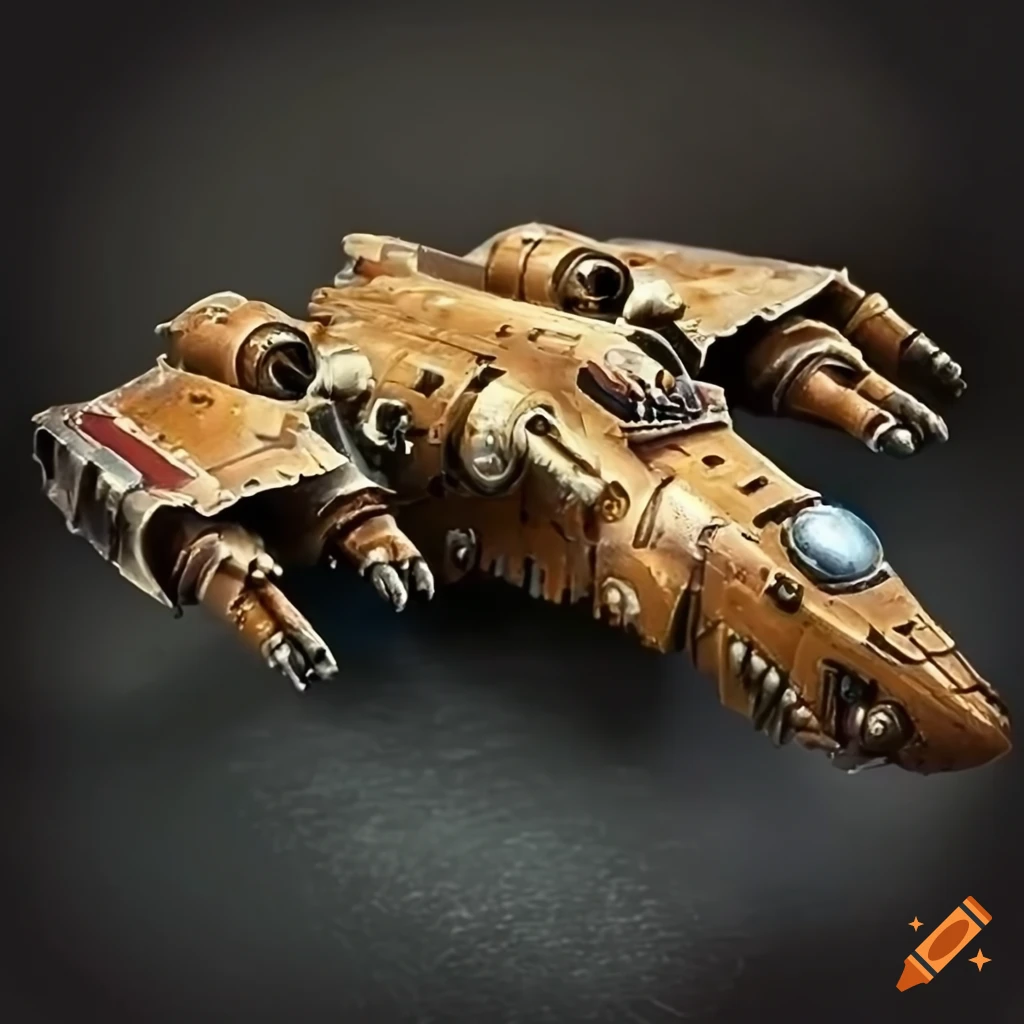 Detailed tan-colored warhammer spacemarine stormbird inspired gunship