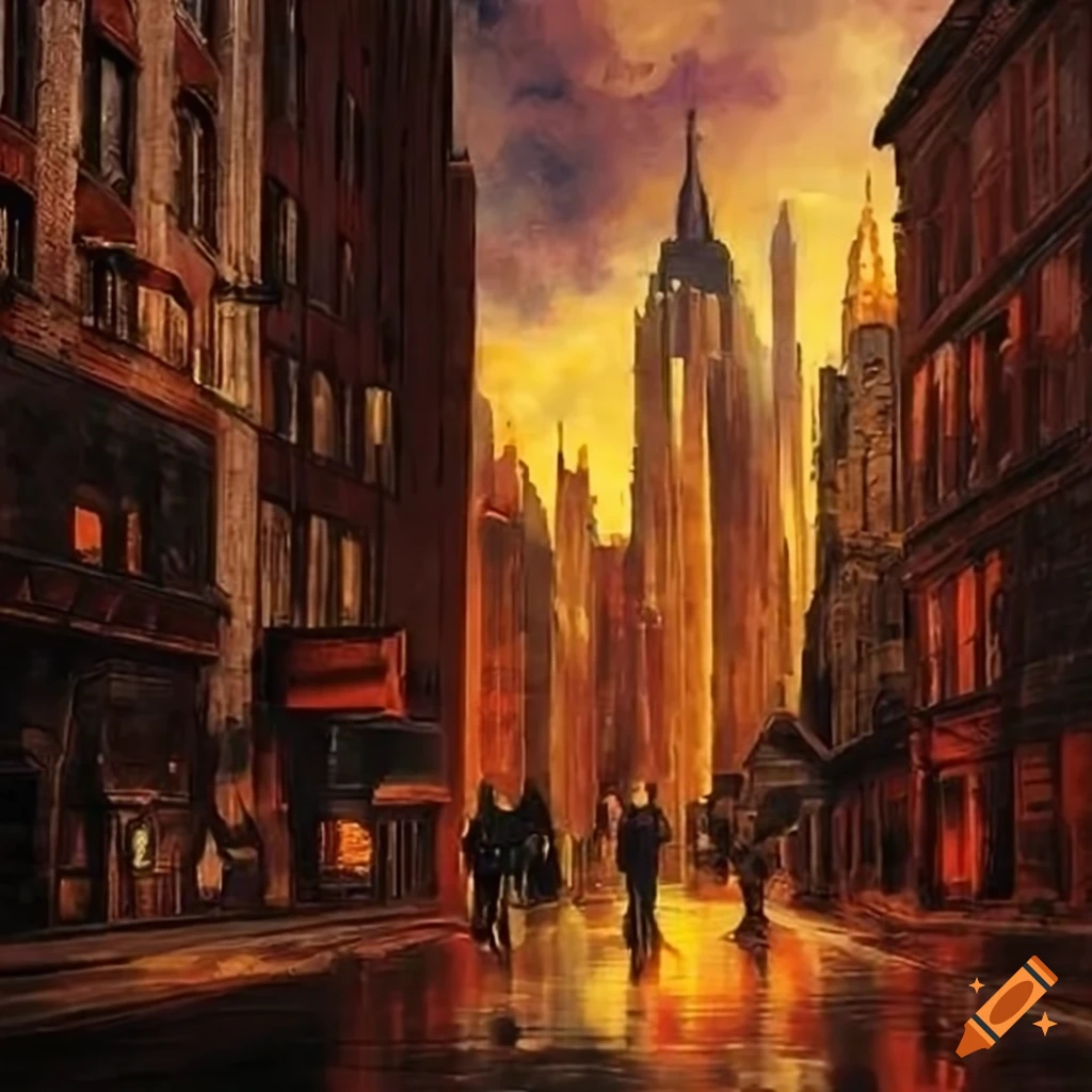 Medieval style painting of New York City skyline