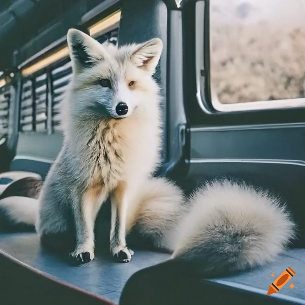 White fluffy fox sitting in a train car on Craiyon