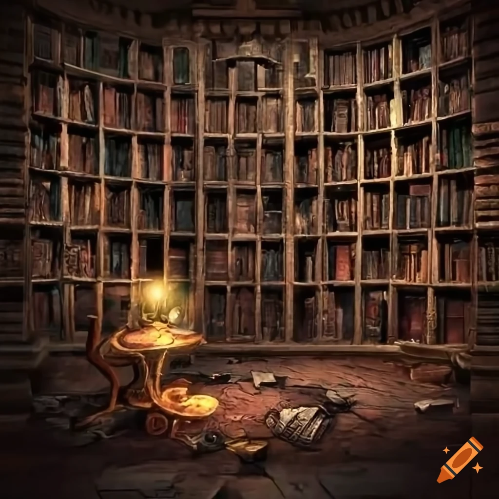 Decaying books and shattered crystals in a dark dungeon library with torchlight
