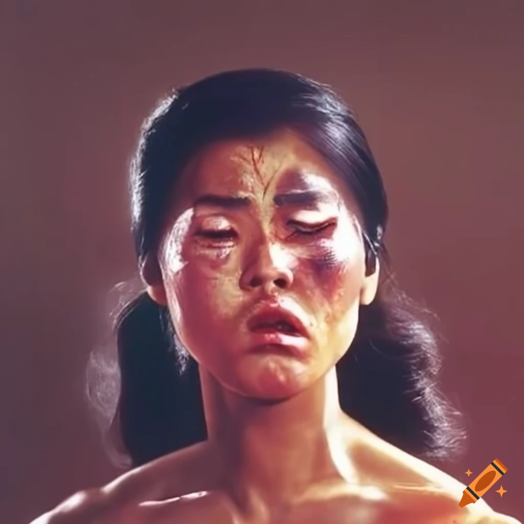 Asian kungfu woman fighter with a dizzy expression