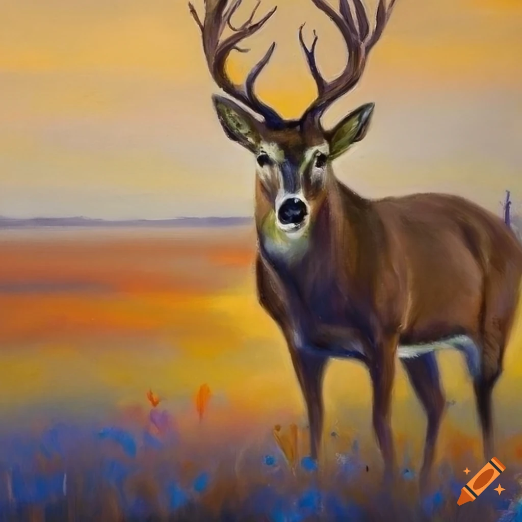 Regal pastel painting of a kingly buck in a distant meadow