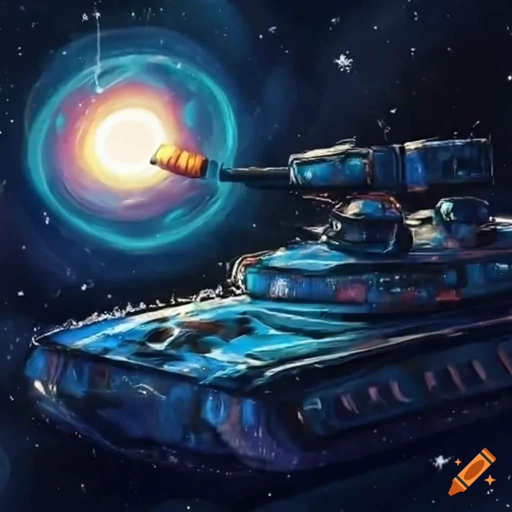 Tank in space illuminated by a blue star, being pulled into a black hole in panoramic view