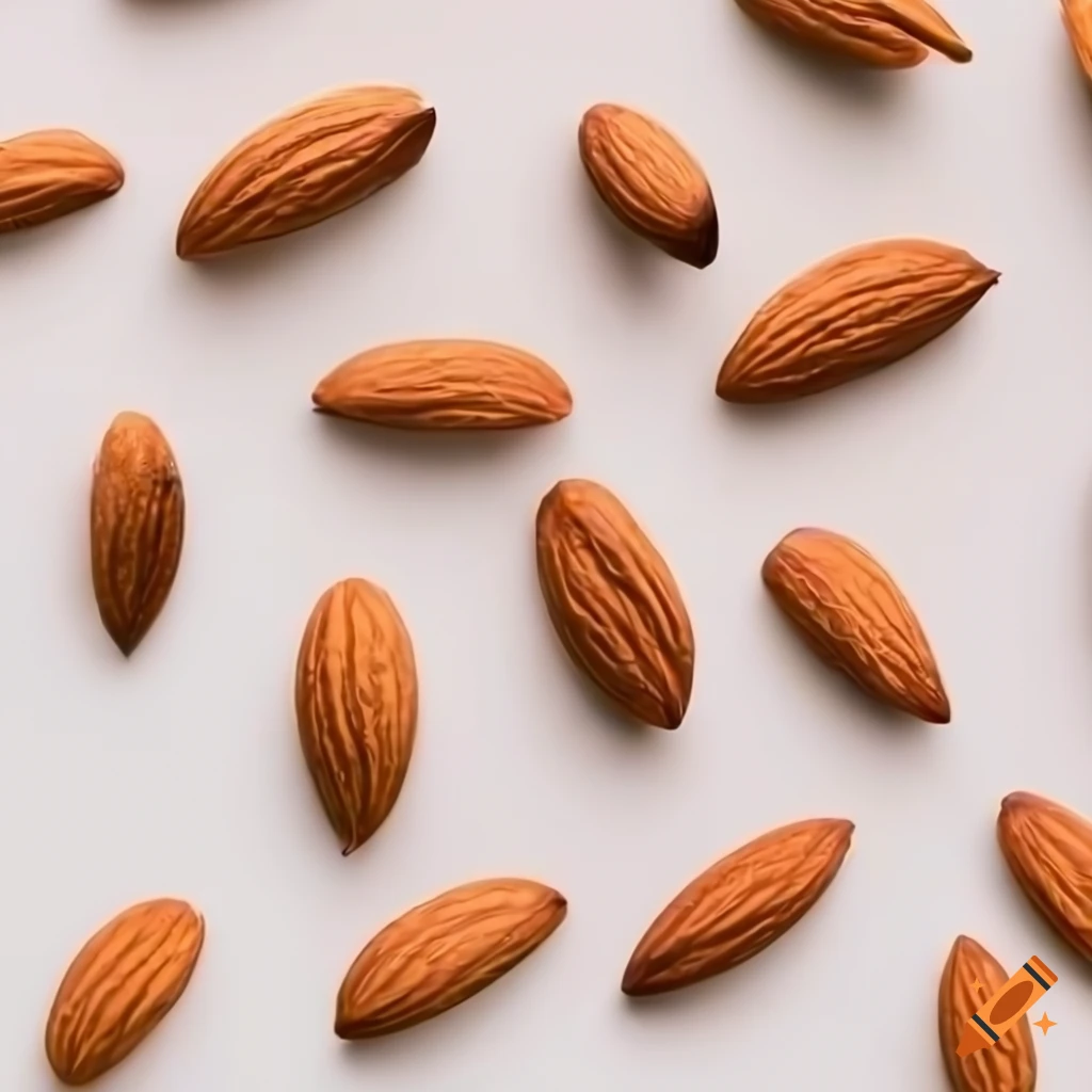 Flat lay of almond nuts with leaves on white background